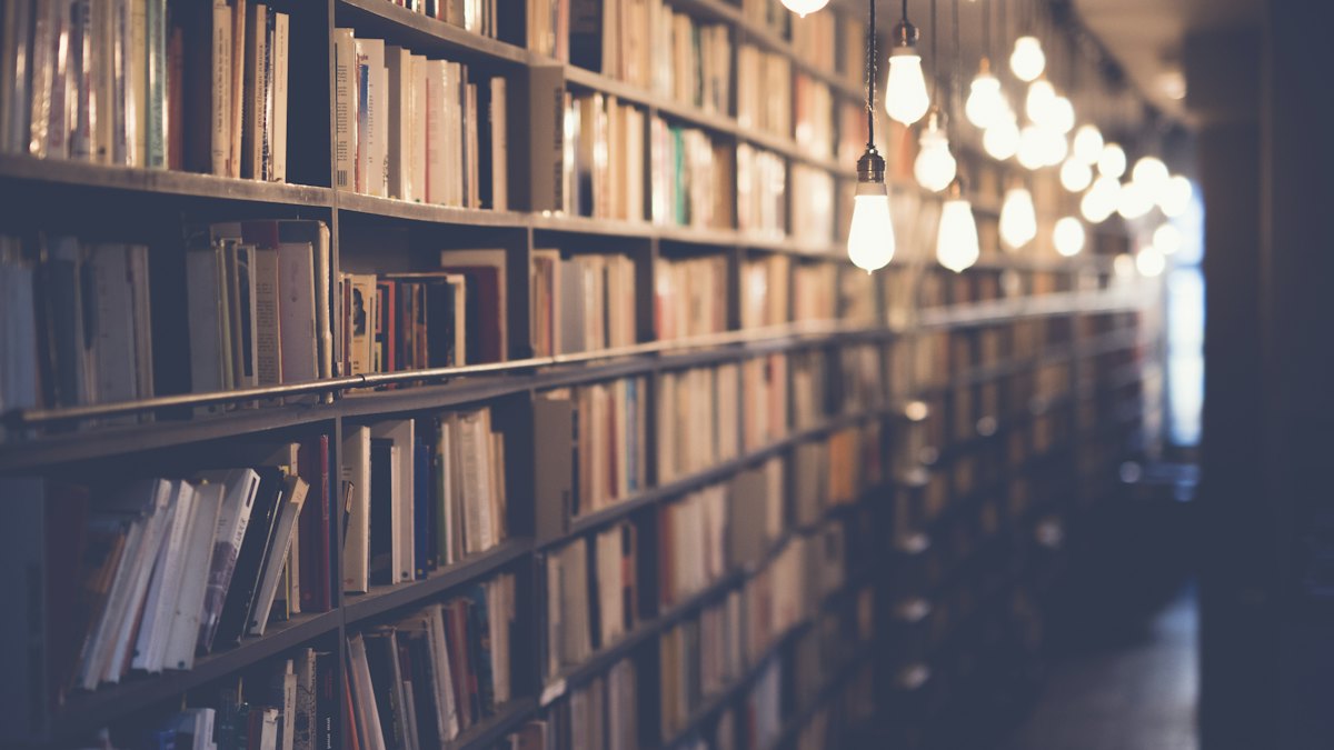 Rows of books on wooden library shelves under warm hanging lights